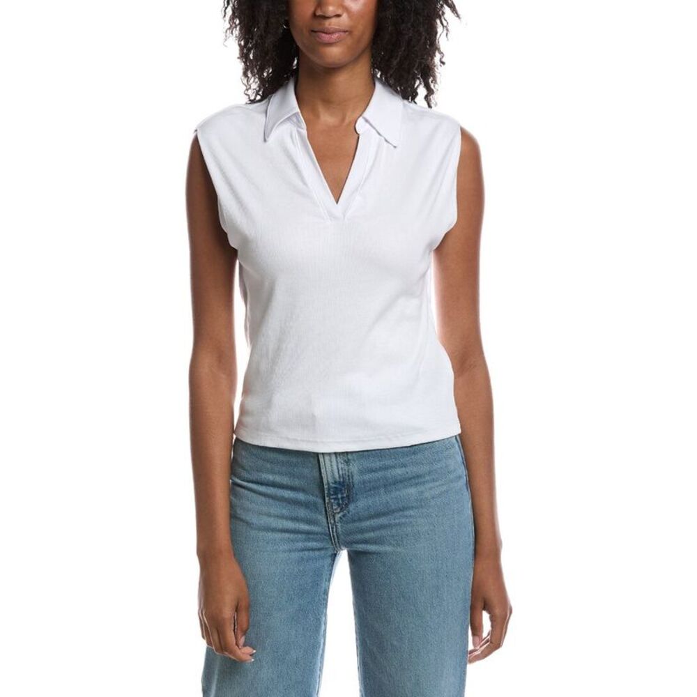 Michael Stars Womens  Ester Power Shoulder Polo Shirt, White